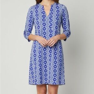 Katherine Way Blue‎ White Geometric Shift Dress XS 3/4 Sleeve